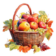 Basket of Autumn Fruits: Apples and Grapes with Fall Leaves