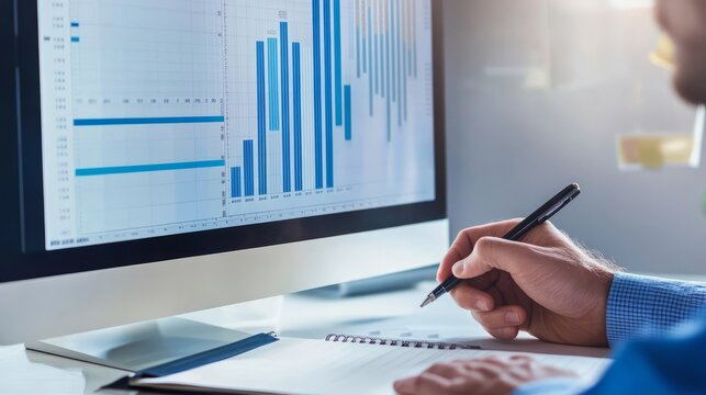 Businessman analyzing data on computer monitor and taking notes in a notebook.
