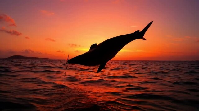 A silhouette of a dolphin leaping against a vibrant sunset over the ocean, capturing the beauty of nature and freedom.