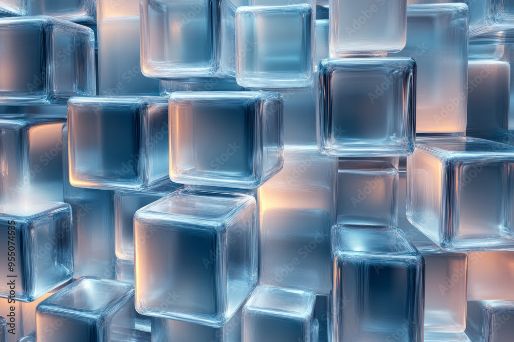 Poster A multiply background with overlapping transparent cubes in varying shades of gray and blue, forming a three-dimensional effect, isolated on a pastel gray background,