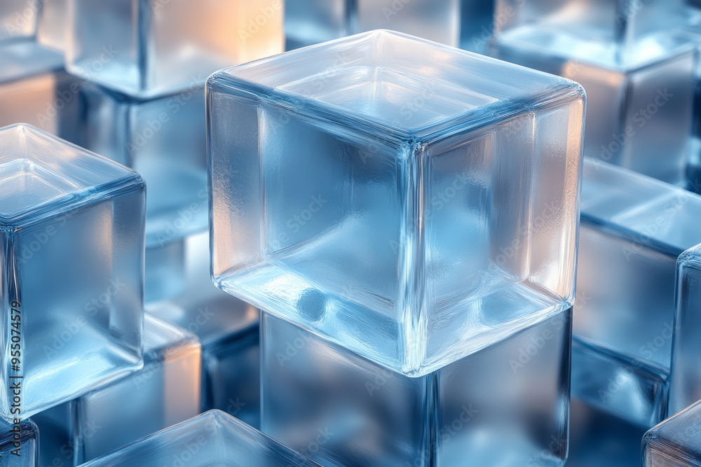 Poster A multiply background with overlapping transparent cubes in varying shades of gray and blue, forming a three-dimensional effect, isolated on a pastel gray background,