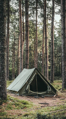 A solitary green tent nestled amidst towering pine trees, a peaceful retreat in the heart of nature.