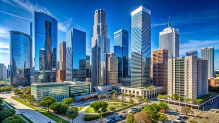 Fototapeta premium Panoramic view of towering skyscrapers and contemporary architecture in downtown Los Angeles, with sleek glass and steel buildings against a clear blue California sky.