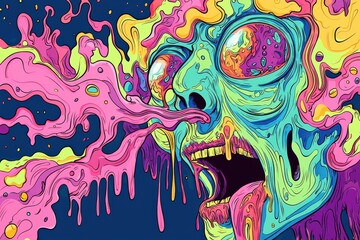Vibrant psychedelic alien creature with distorted and melting features