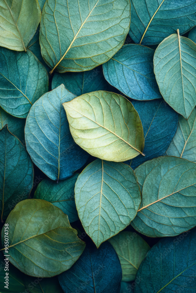 Aufkleber a multiply background of abstract leaf patterns in muted greens and blues, layered over each other t