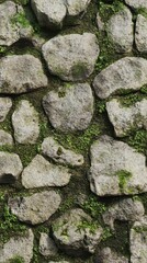 Fototapeta premium A textured stone wall displays various sizes of stones interspersed with patches of moss, highlighting rustic charm in natural light