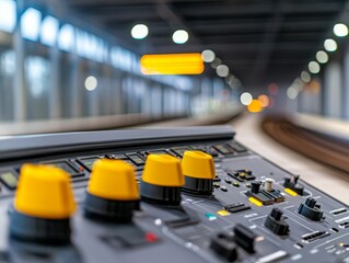 modern control panel with yellow buttons for automation and industrial operations in a factory or manufacturing facility.