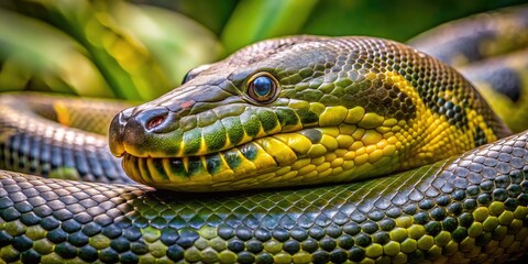 Fototapeta premium Close-Up Image Of A Green Anaconda (Eunectes Murinus), A Large And Non-Venomous Snake Native To South America