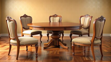Polished round wooden table with ornate legs surrounded by empty chairs, set against a warm beige background, radiating warmth and inviting gatherings.