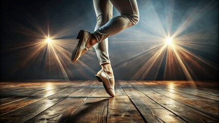 Close-up of a dancer's feet in motion, toes tapping on a worn wooden floor, spotlight shining down, conveying energy, rhythm, and dynamic movement.