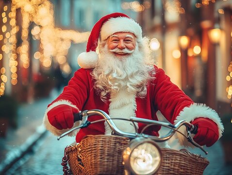 Cheerful Santa Claus riding a bicycle through festive street during the Christmas season