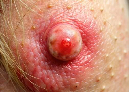 Close-up of a large, inflamed sebaceous cyst on human skin, with a prominent whitehead and surrounding redness, showcasing the severity of this common skin condition.