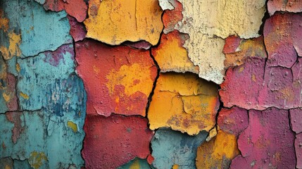 Abstract, cracked paint texture with peeling layers in vibrant colors, creating a distressed and vintage effect