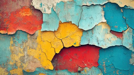 Obraz premium Abstract, cracked paint texture with peeling layers in vibrant colors, creating a distressed and vintage effect