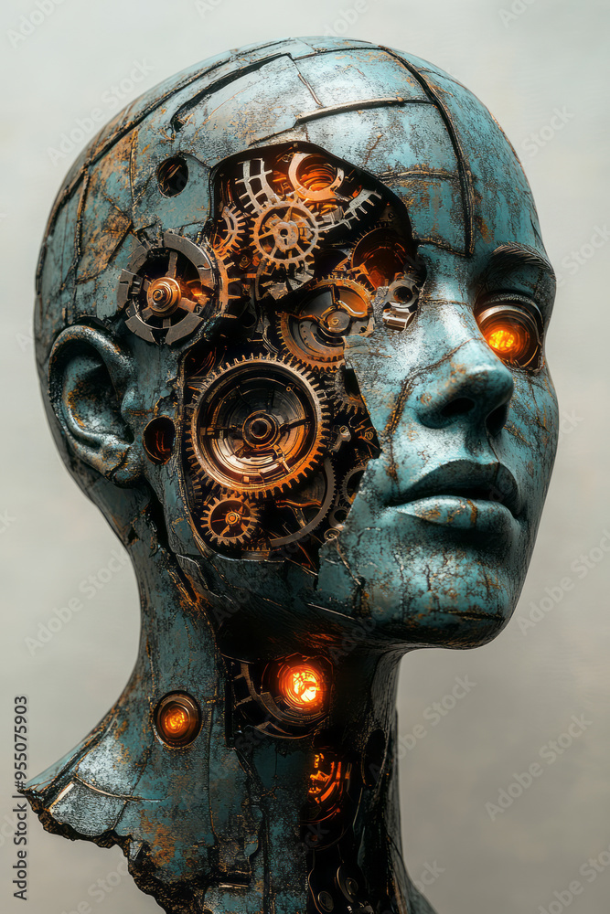 Poster a human head with the top half lifting off to reveal a complex network of gears and cogs spinning in