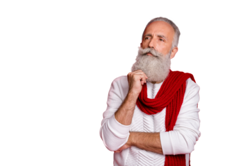 Portrait of his he nice attractive doubtful gray-haired man touching beard thinking creating decision isolated over bright vivid shine red background