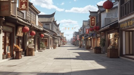 Naklejka premium A deserted Chinese shopping district, with no shoppers or open stores, just the empty streets and storefronts.