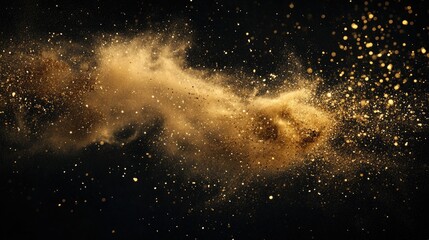 Abstract gold dust explosion on a dark background, creating a dramatic and festive effect