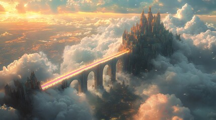 Highdetail fantasy landscape showing floating castle above the clouds connected by a rainbow bridge to distant lands