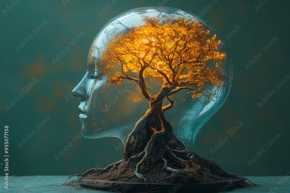 Aufkleber A head with the top half replaced by a glass dome containing a glowing tree with roots extending into the head, isolated on a pastel green background,