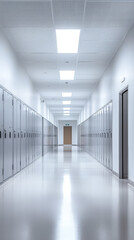 A Serene, Minimalist School Hallway, Bathed in Soft Light, Evokes a Sense of Calm and Order.