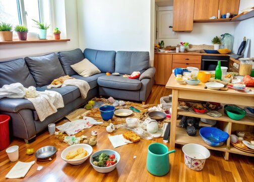 Cluttered room with dirty dishes, stained couch, and scattered trash, surrounded by empty food containers and crumpled up papers, epitomizing messy and disorganized living.