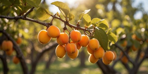 Ripe apricots hanging on branches in a sunlit orchard.