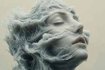 A head with an open top filled with a swirling ocean, with waves crashing out and spilling into the surroundings, isolated on a pastel beige background,