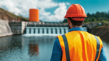 construction worker inspecting hydroelectric dam for renewable energy and sustainable power generation