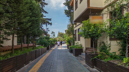 Street of old traditional turkish houses of Antalya city timelapse hyperlapse. Turkey