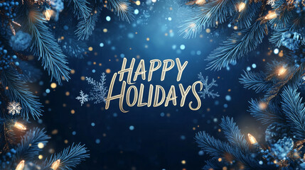 Snow-covered pine branches and bright holiday lights with Happy Holidays text © dvoevnore