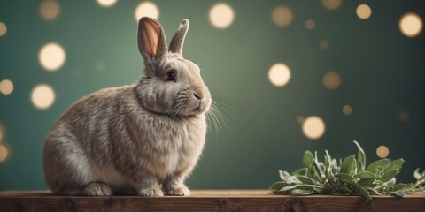 relaxed lop eared rabbit in a calming sage green solid color background.