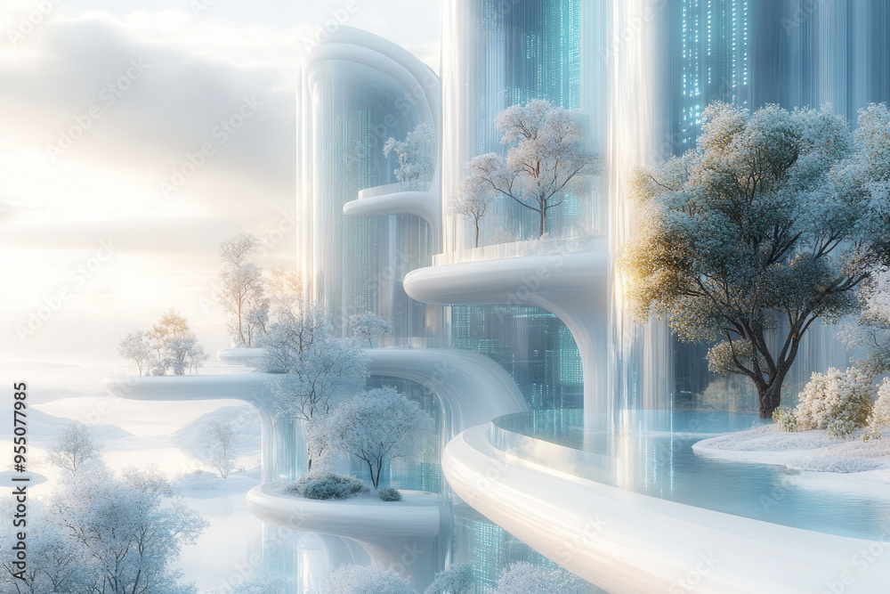 Aufkleber A 3D rendering of a futuristic landscape where buildings and trees are constructed from AI code and algorithms, glowing in soft blues and greens, isolated on a pastel beige background,