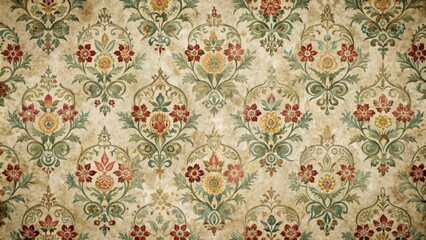 Retro-inspired vintage pattern background featuring a distressed, ornate design with floral motifs, geometric shapes, and subtle texture in a muted color palette.