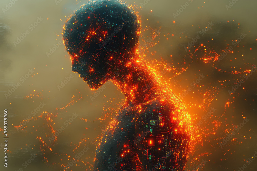 Poster an ai-driven humanoid figure with a translucent body filled with glowing circuits and code, standing