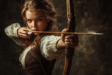 Determined female archer drawing her bowstring.