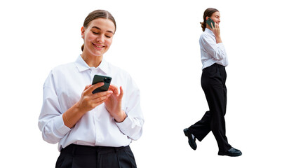 A young professional woman, engaging with a smartphone while walking and smiling, poised and...