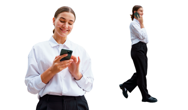 A young professional woman, engaging with a smartphone while walking and smiling, poised and confident

