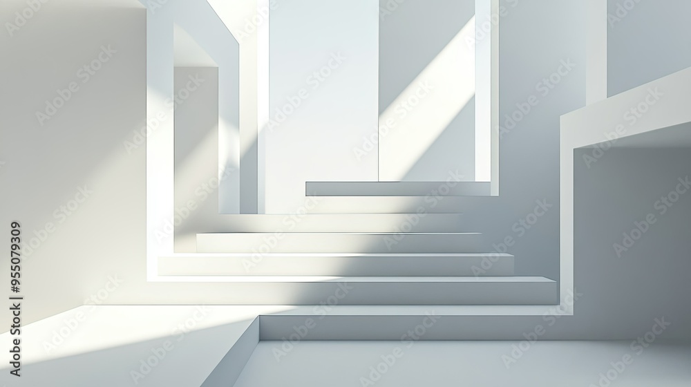 Poster white background with abstract geometric shapes and soft shadows, creating a sense of depth and dime