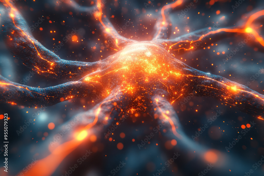 Poster a glowing neural net expanding from a small core, radiating ai code and data streams outwards like a