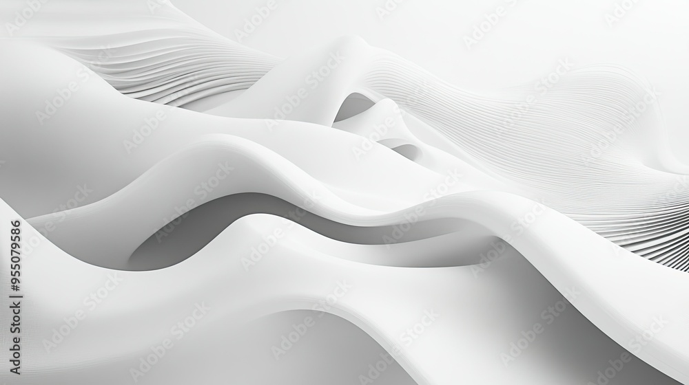 Poster white background with abstract lines and curves, adding depth and visual interest.