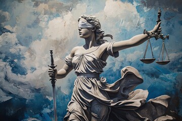 Obraz premium Goddess of justice holding scales against a vibrant sky