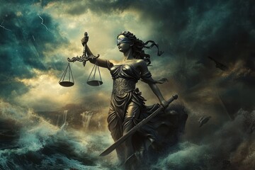 Fototapeta premium Lady Justice amidst stormy skies, holding scales and sword