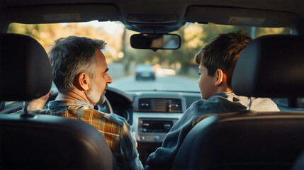 Father and teenage boy sitting, talking in the car Dad son serious conversation Parent teaching child Relationship Family trip Driver's license, seatbelt City ride Auto insurance Traveling together 