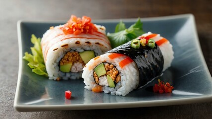 modern american dishes sushi burritos isolated on an aesthetic plate, concept for advertisement