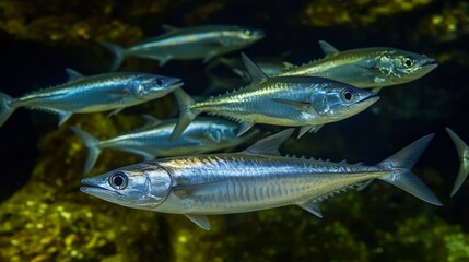A group of sleek, silver fish swimming underwater in a natural habitat.