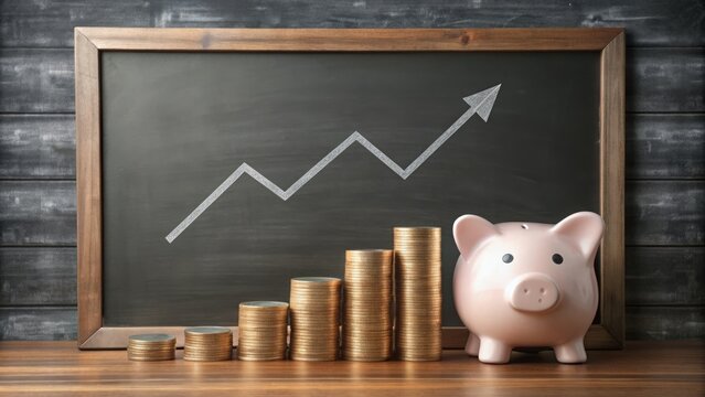 Rising arrows and percentages on a blackboard surrounded by coins and piggy banks, symbolizing inflation and the impact of increasing prices on personal finance.