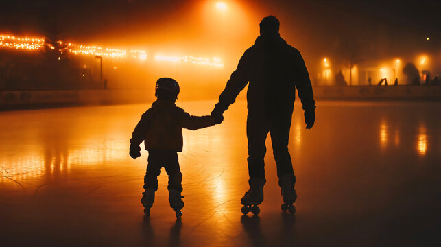 Silhouette of a father with toddler son walking on ice skating terrain field Family activity Childhood leisure Black figures Sports game Dad, kid Hockey Winter season Jacket cap 