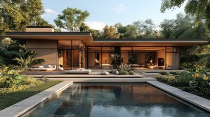 Fototapeta premium Modern house with a pool surrounded by lush greenery.
