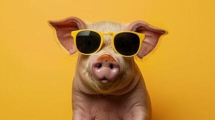 Pink piggy wearing sunglasses, set against a sunny yellow background
